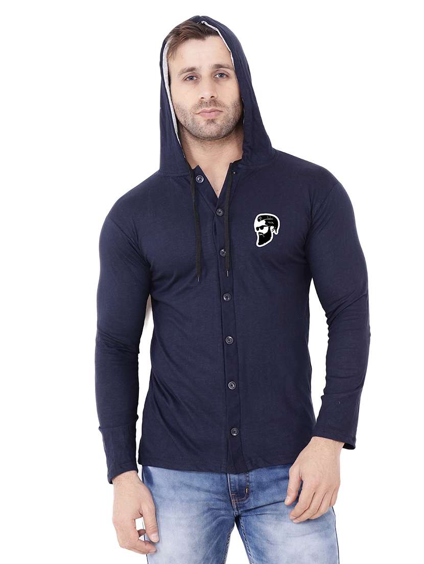 solid dark blue hooded casual shirt