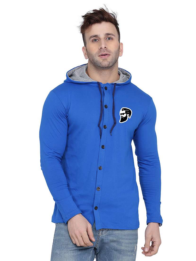 solid blue hooded casual shirt