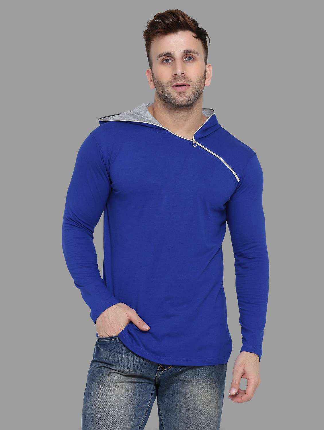 blue cotton blend plain t-shirt