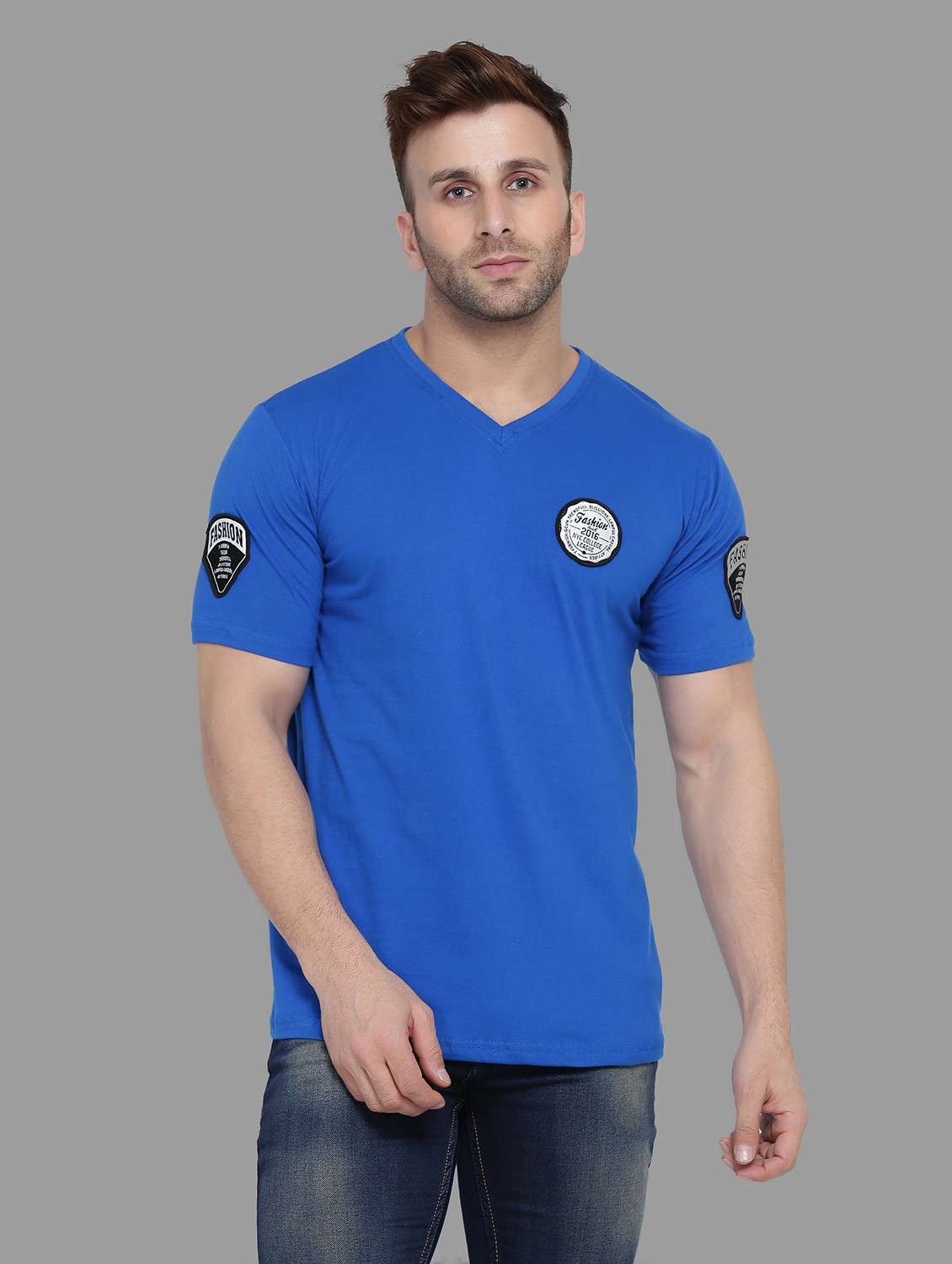 blue cotton blend placement print t-shirt