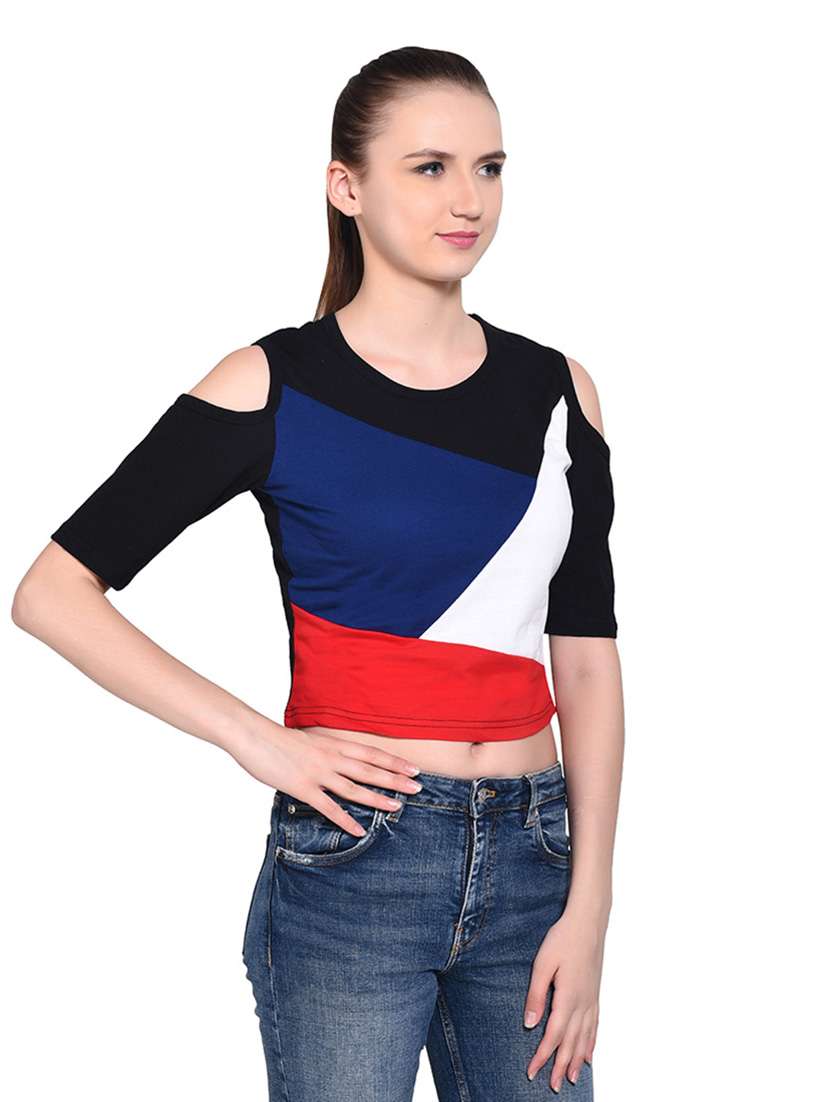 women color block round neck crop t-shirt - 20842156 -  Standard Image - 2