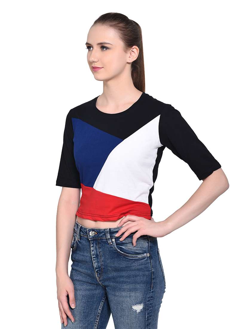 women color block round neck crop t-shirt - 20842158 -  Standard Image - 2