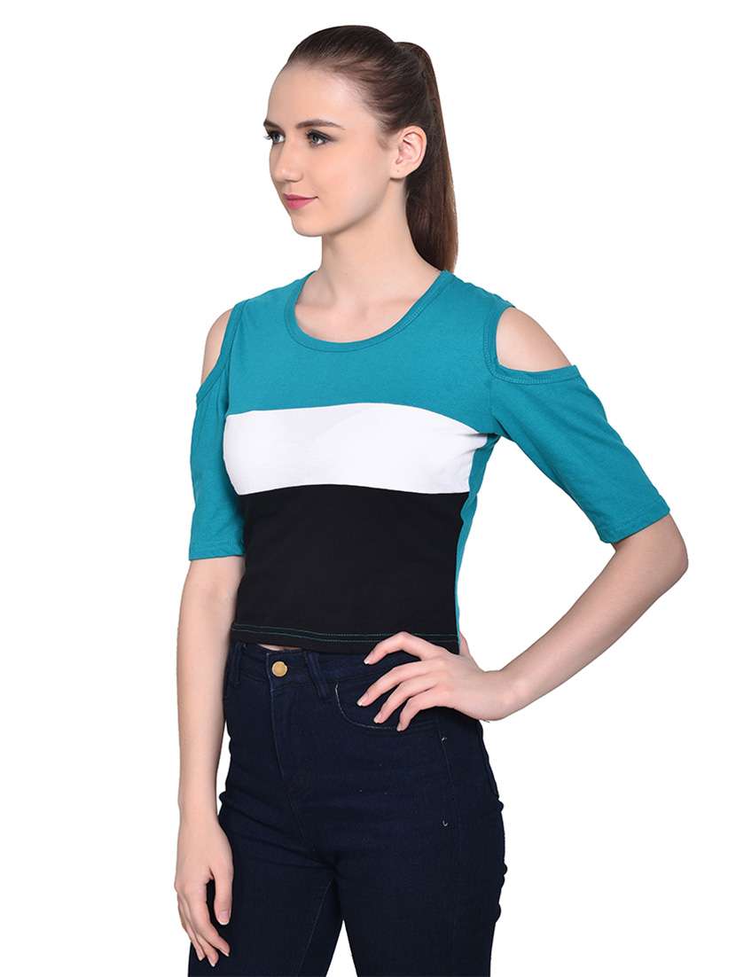 women color block round neck crop t-shirt - 20842257 -  Standard Image - 2