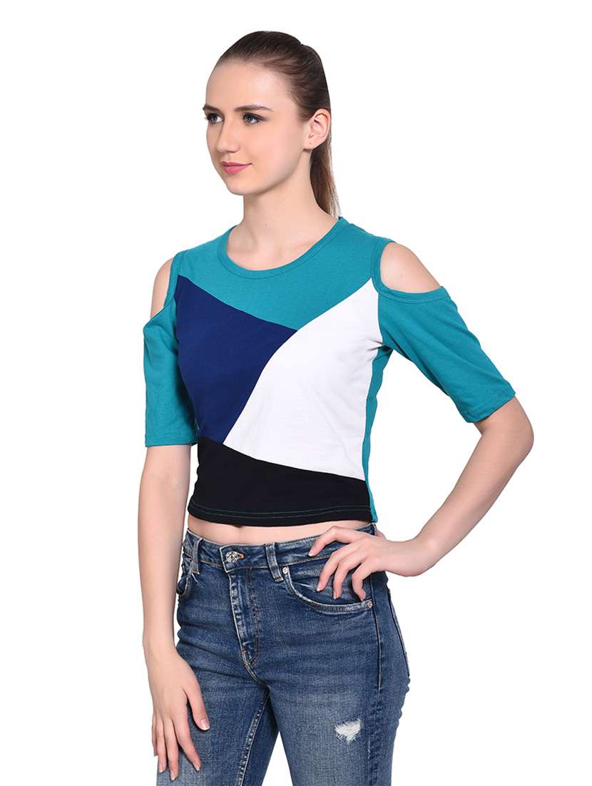 women color block round neck crop t-shirt - 20842264 -  Standard Image - 2