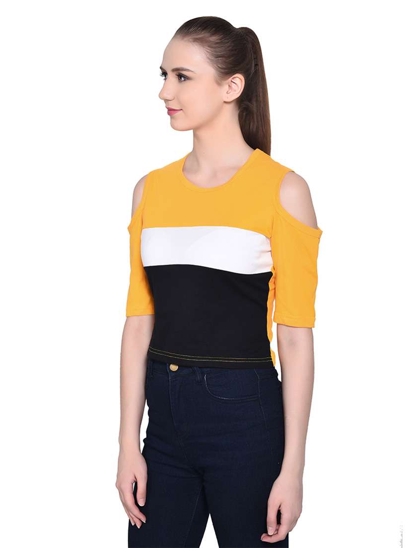 women color block round neck crop t-shirt - 20842275 -  Standard Image - 2