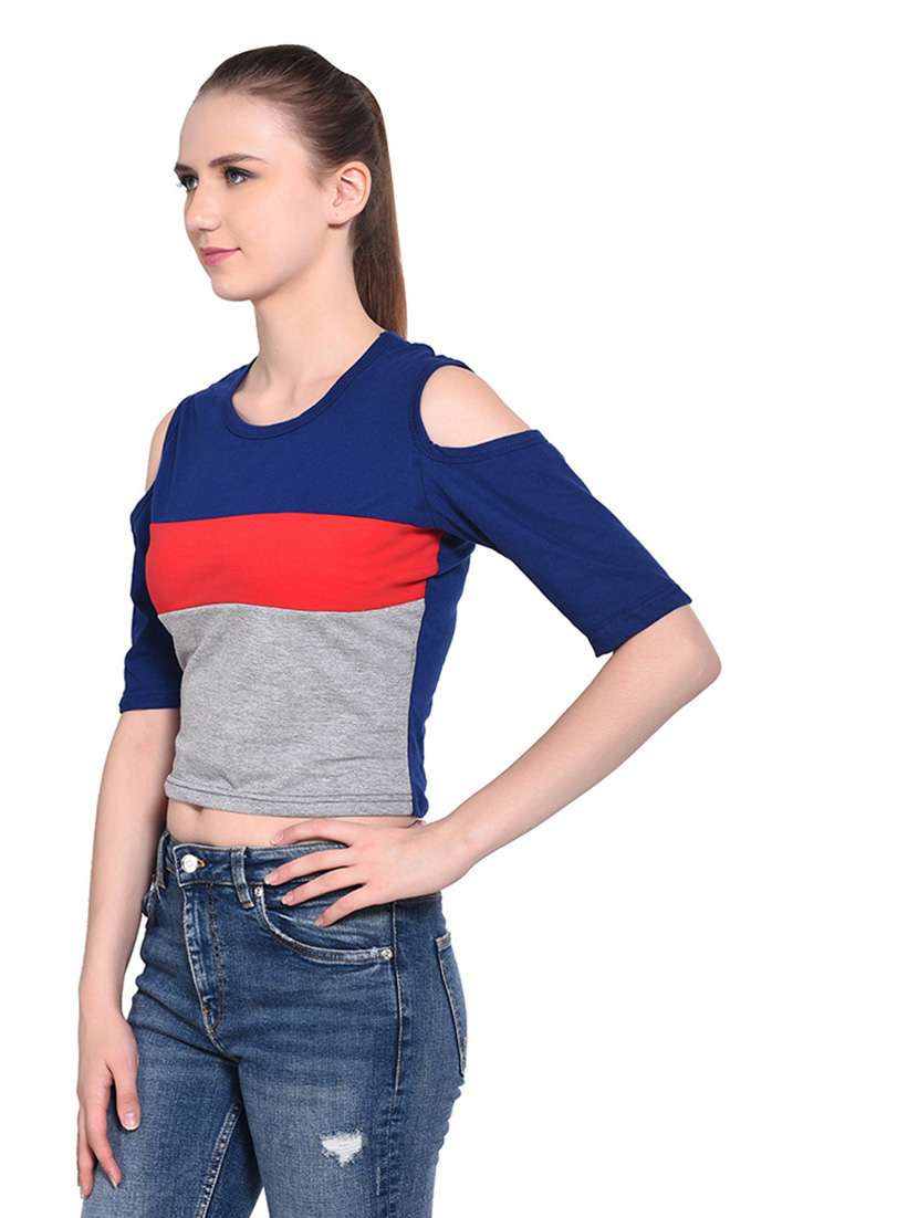 women color block round neck crop t-shirt - 20842287 -  Standard Image - 2