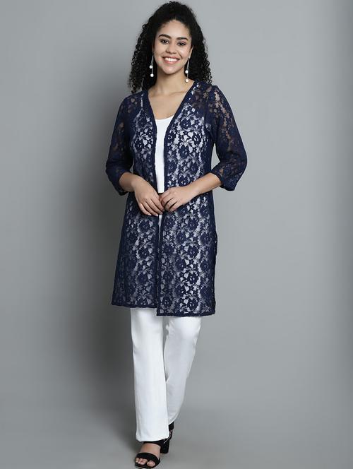 blue self design cotton blend shrug - 20844433 - Standard Image - 0