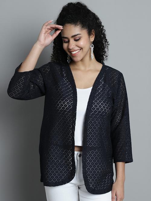 dark grey self design cotton blend shrug - 20844459 - Standard Image - 0