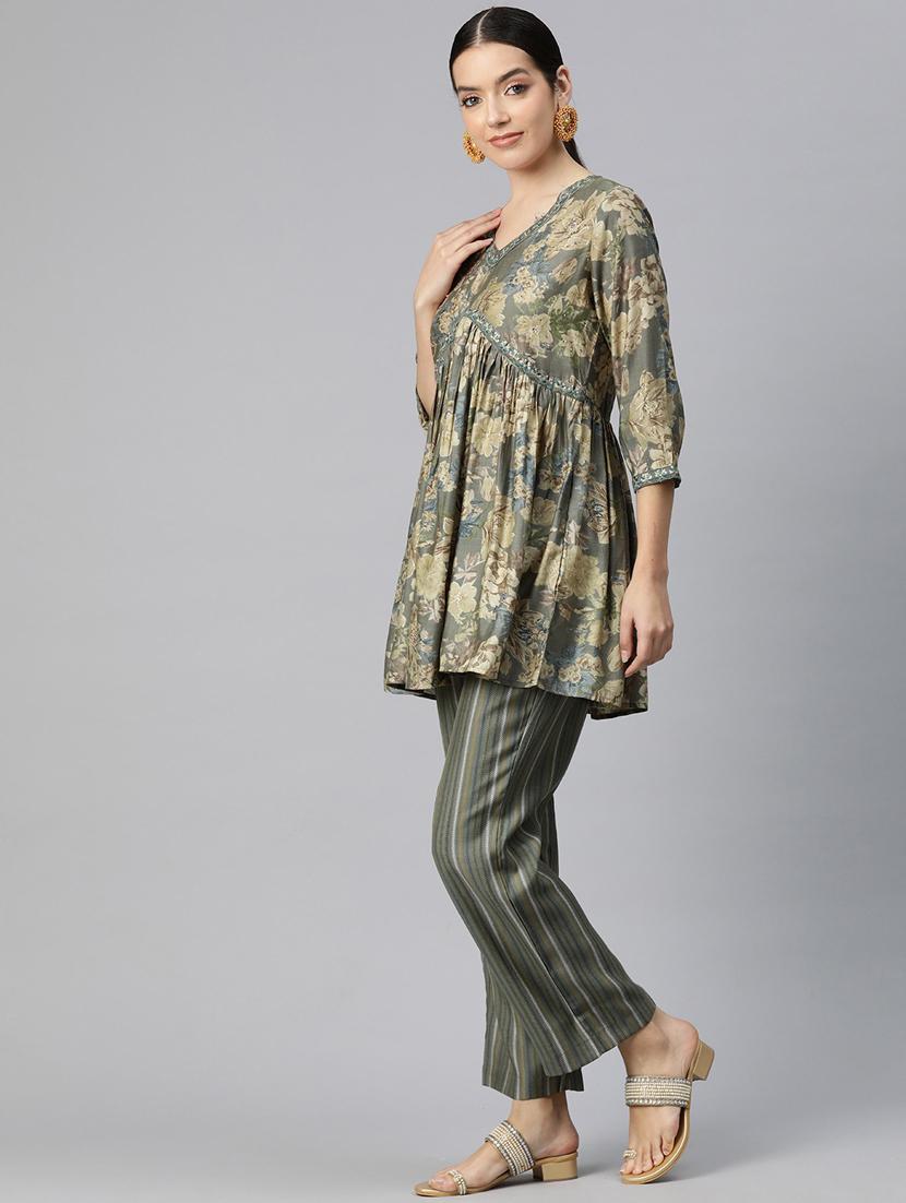 olive three quarter sleeve ethnic co-ord set - 20844519 - Standard Image - 2