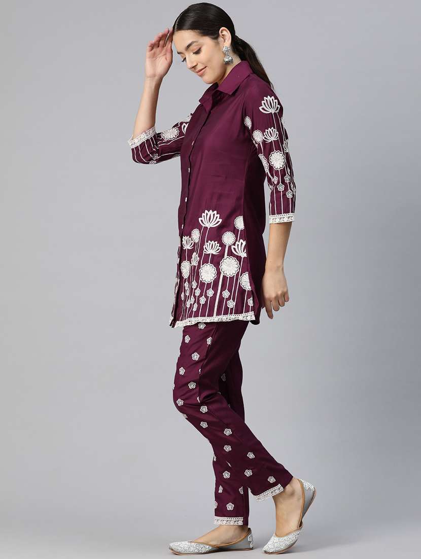 burgundy three quarter sleeve ethnic co-ord set - 20844531 -  Standard Image - 2