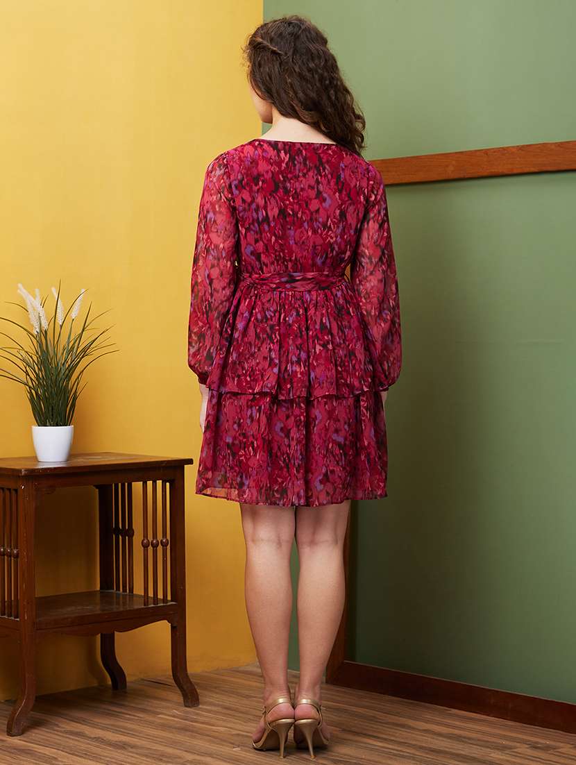 globus women maroon v-neck abstract print bishop sleeve layered fit & flare dress with belt - 20844567 - Standard Image - 2