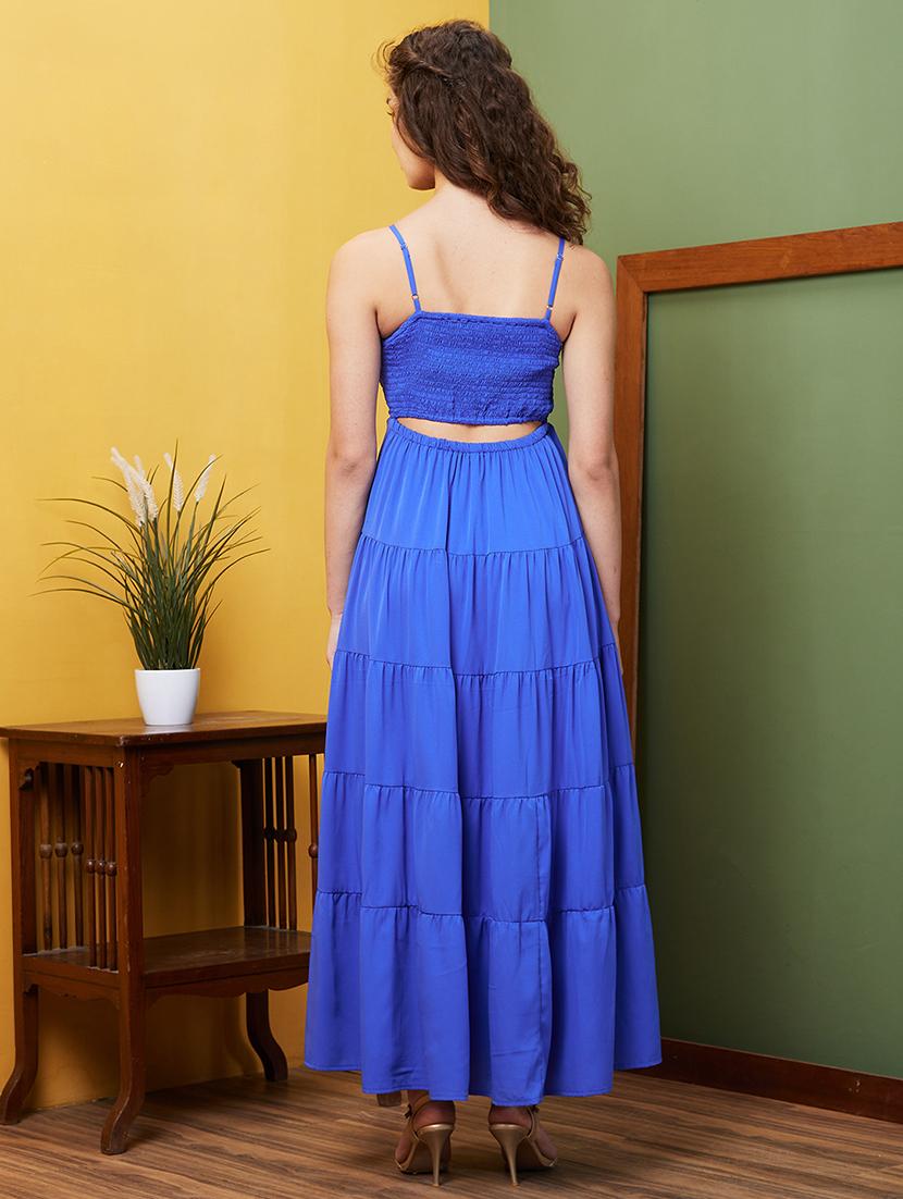 globus women blue square neck strappy shoulder cut-outs smocked tiered fit & flare maxi party dress - 20844572 - Standard Image - 2