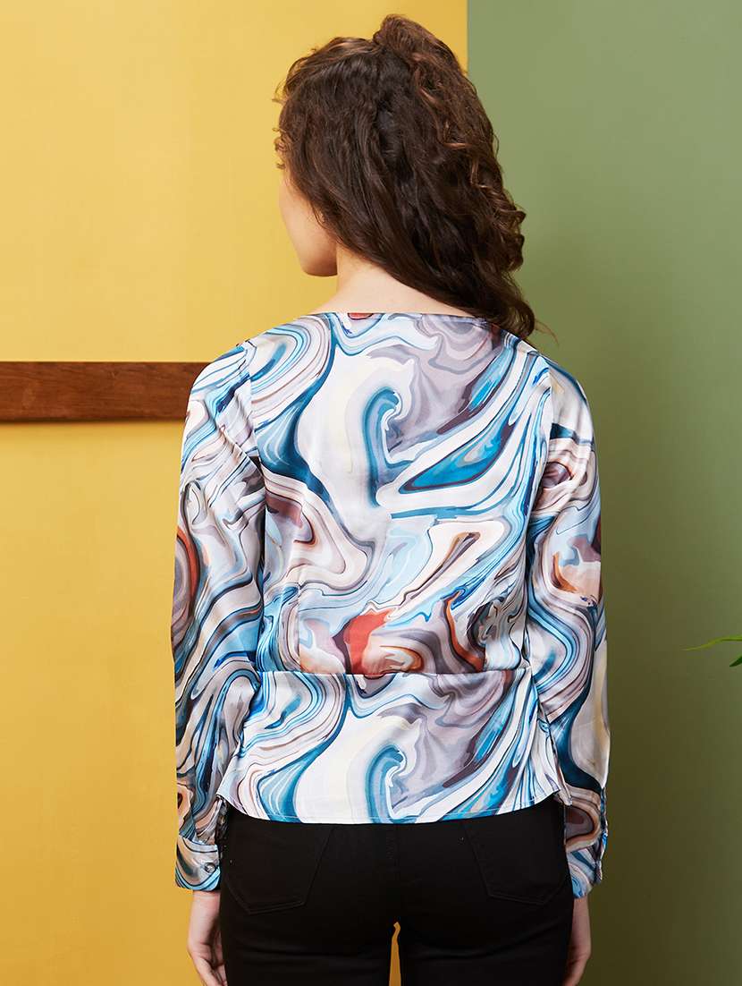 globus women multicolour abstract v-neck cuffed sleeves wrap party top - 20844584 -  Standard Image - 2