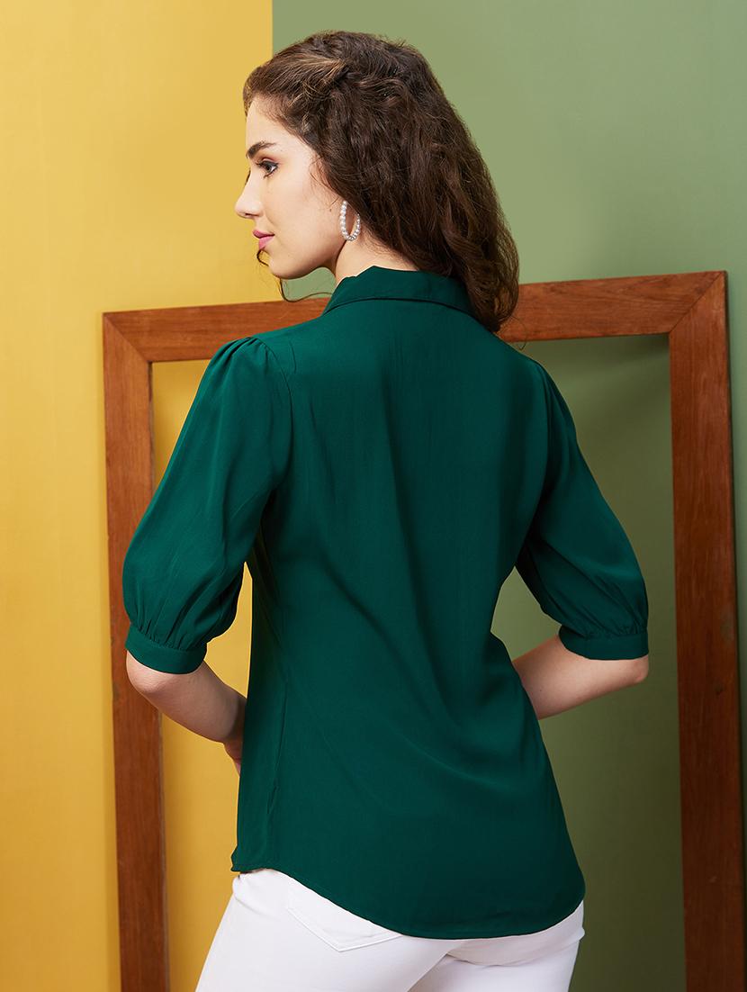 globus women dark green puff sleeve opaque work wear shirt style top - 20844603 - Standard Image - 2