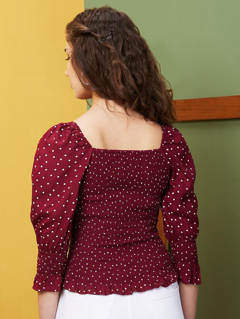 globus women maroon polka dots sweetheart neck frilled & cinched waist top - 20844639 - Standard Image - 2