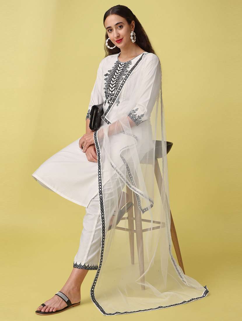 women off-white round neck kurta palazzo set with dupatta - 20845402 -  Standard Image - 2