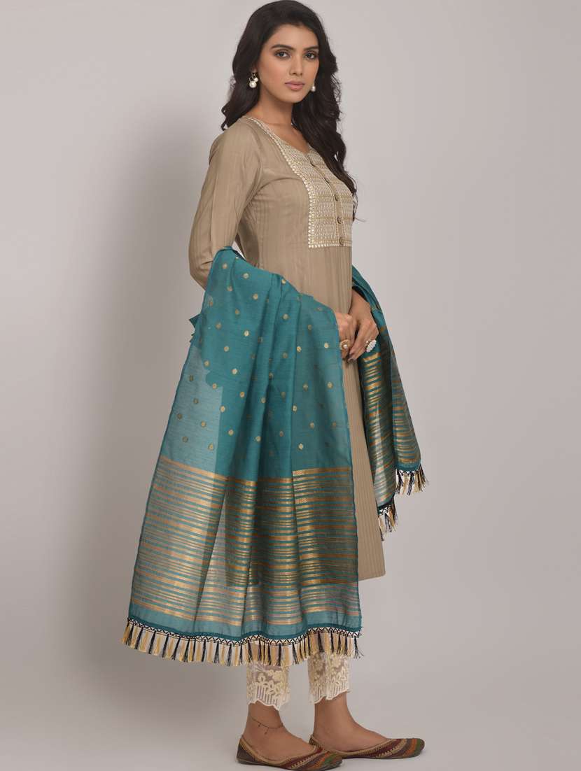 women beige round neck kurta pant set with dupatta - 20845403 - Standard Image - 2