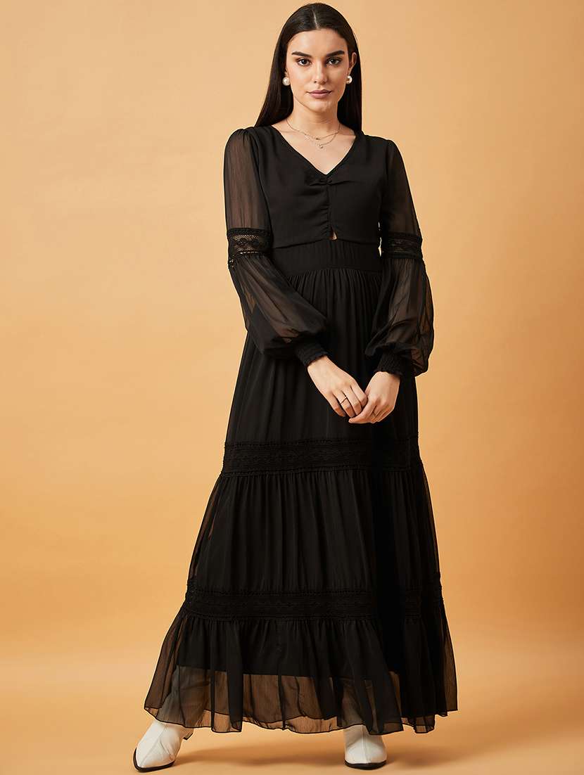 women black solids v neck tiered dress