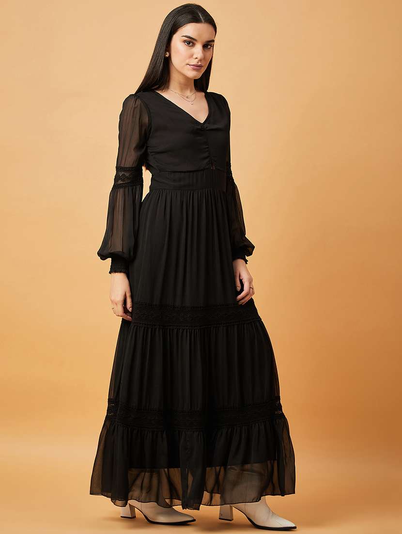 women black solids v neck tiered dress - 20845465 -  Standard Image - 2