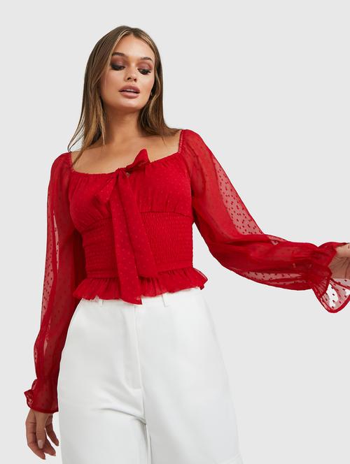 red self design smocked detailed top - 20845784 -  Standard Image - 0