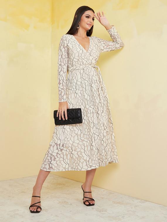 women beige self-designed a-line dress