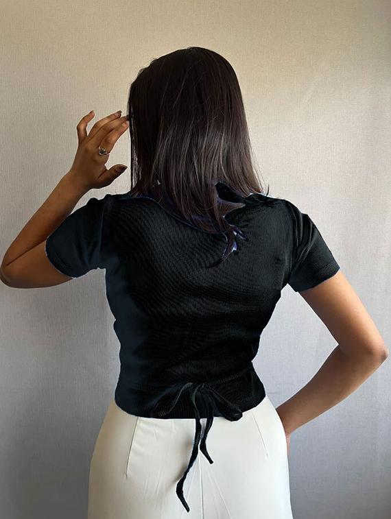 women solid short sleeves wrap top - 20846343 - Standard Image - 2