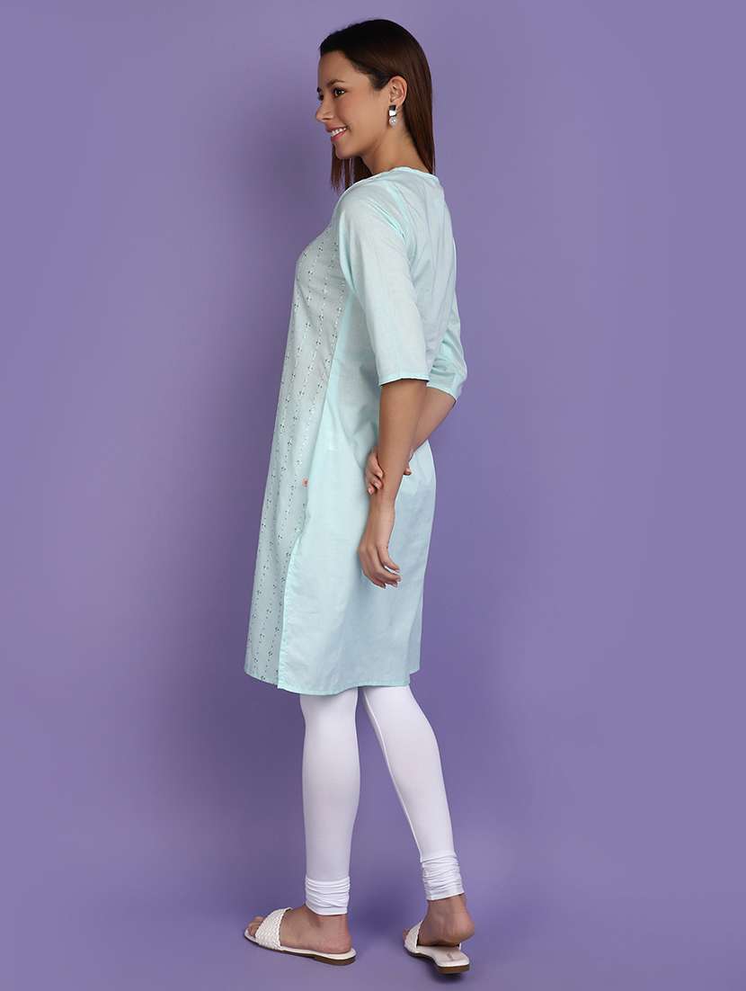 women light blue tie up neck straight kurta - 20846421 -  Standard Image - 2