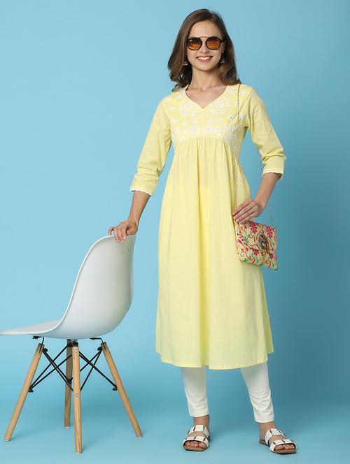 women yellow three quarter sleeve a-line kurta - 20846422 - Standard Image - 0