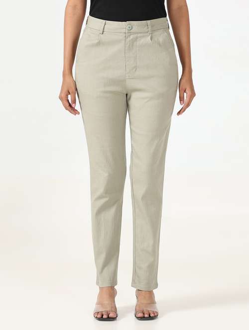 women solid pleated chinos trouser - 20846548 -  Standard Image - 0
