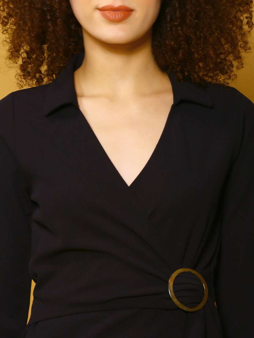 Women Black Solid Wrap Dress
