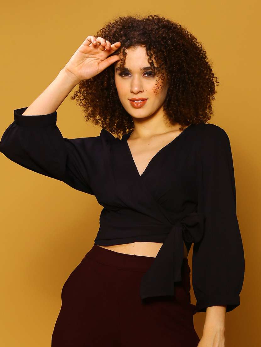 black polyester wrap top