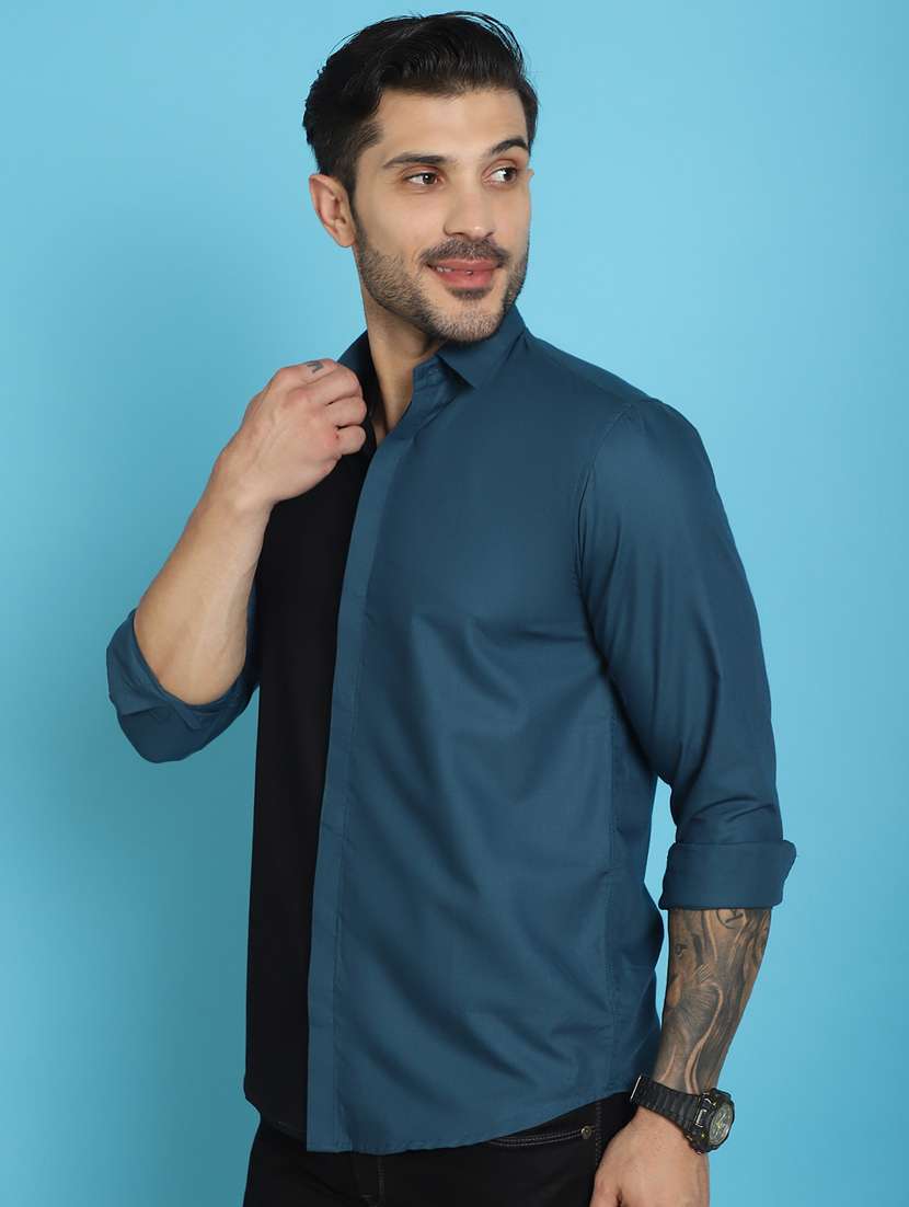 teal cotton cotton satin casual shirt