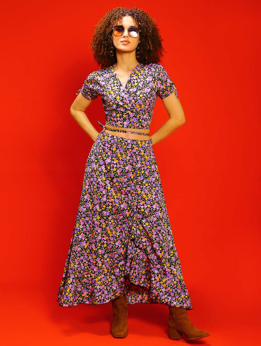 women multicolored floral printed top and skirt co-ord set
