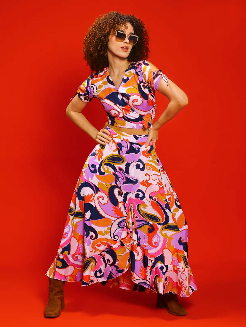 women multicolored printed top and skirt co-ord set