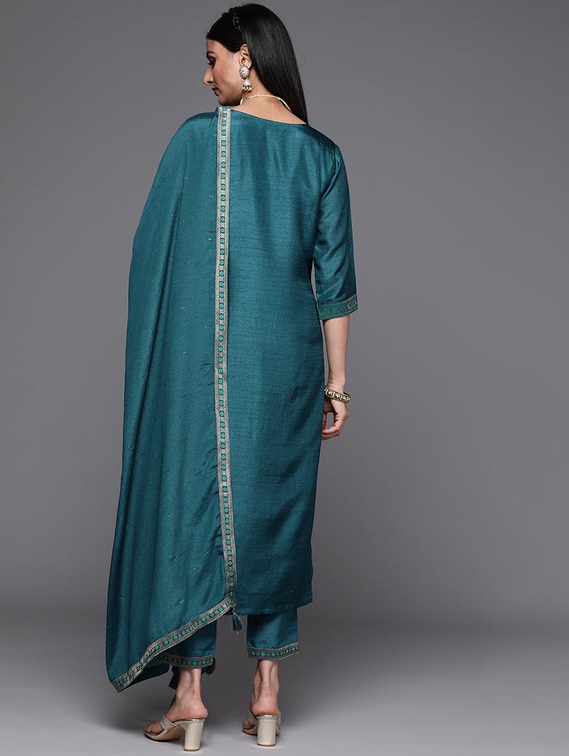 women teal round neck kurta pant set with dupatta - 20848888 - Standard Image - 2