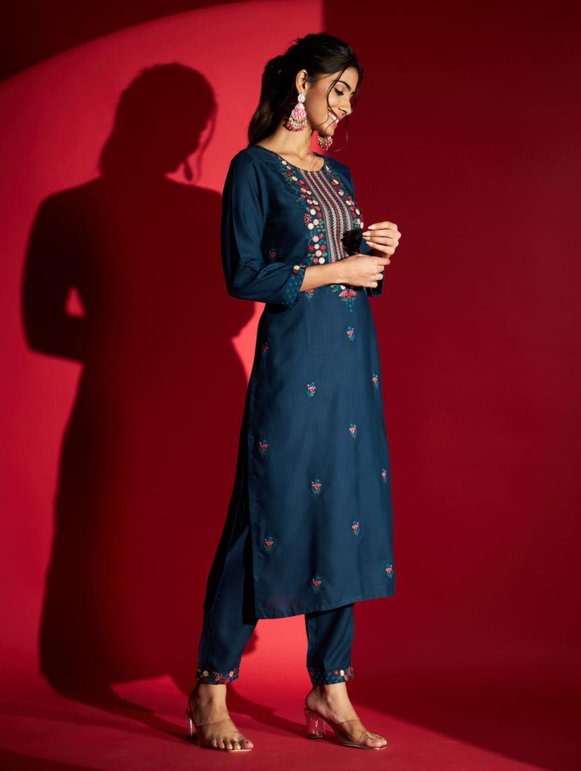 women blue round neck kurta pant set with dupatta - 20848890 - Standard Image - 2