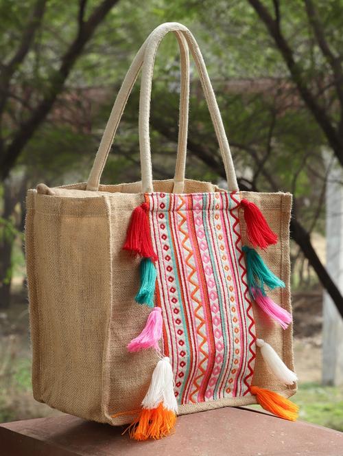 sisal khaki & multi boho striped jacquard jute shoulder bag - 20850248 -  Standard Image - 0