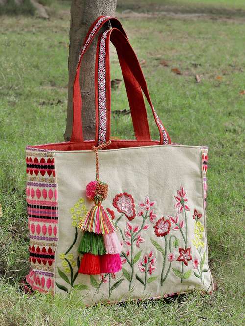 beige embroidered cotton tote bag - 20850254 -  Standard Image - 0