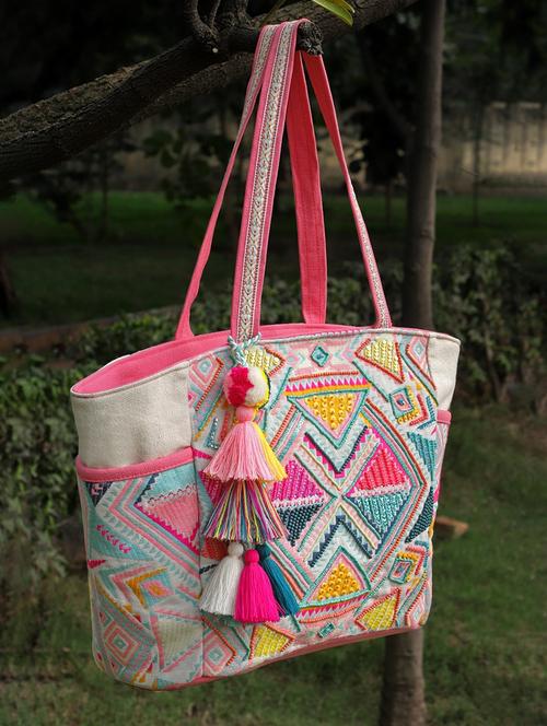 beige embroidered cotton tote bag - 20850255 - Standard Image - 0