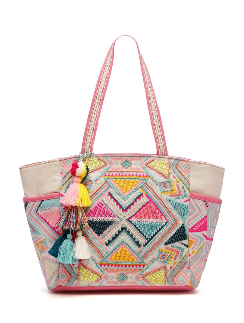 Beige Embroidered Cotton Tote Bag