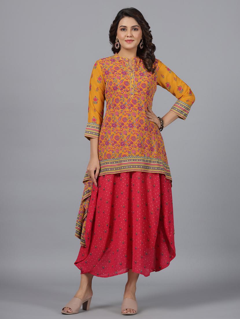 women yellow mandarin neck high low kurta - 20850442 -  Zoom Image - 0