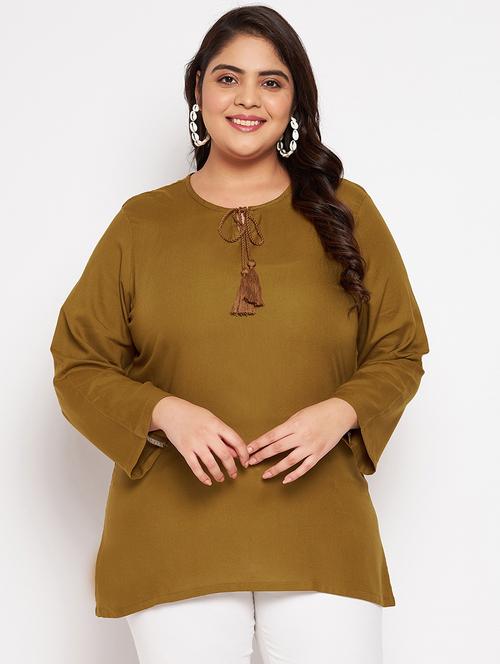 solid khaki brown detailed plus size top - 20850577 -  Standard Image - 0