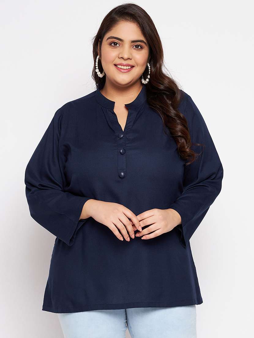 solid navy blue detailed plus size top