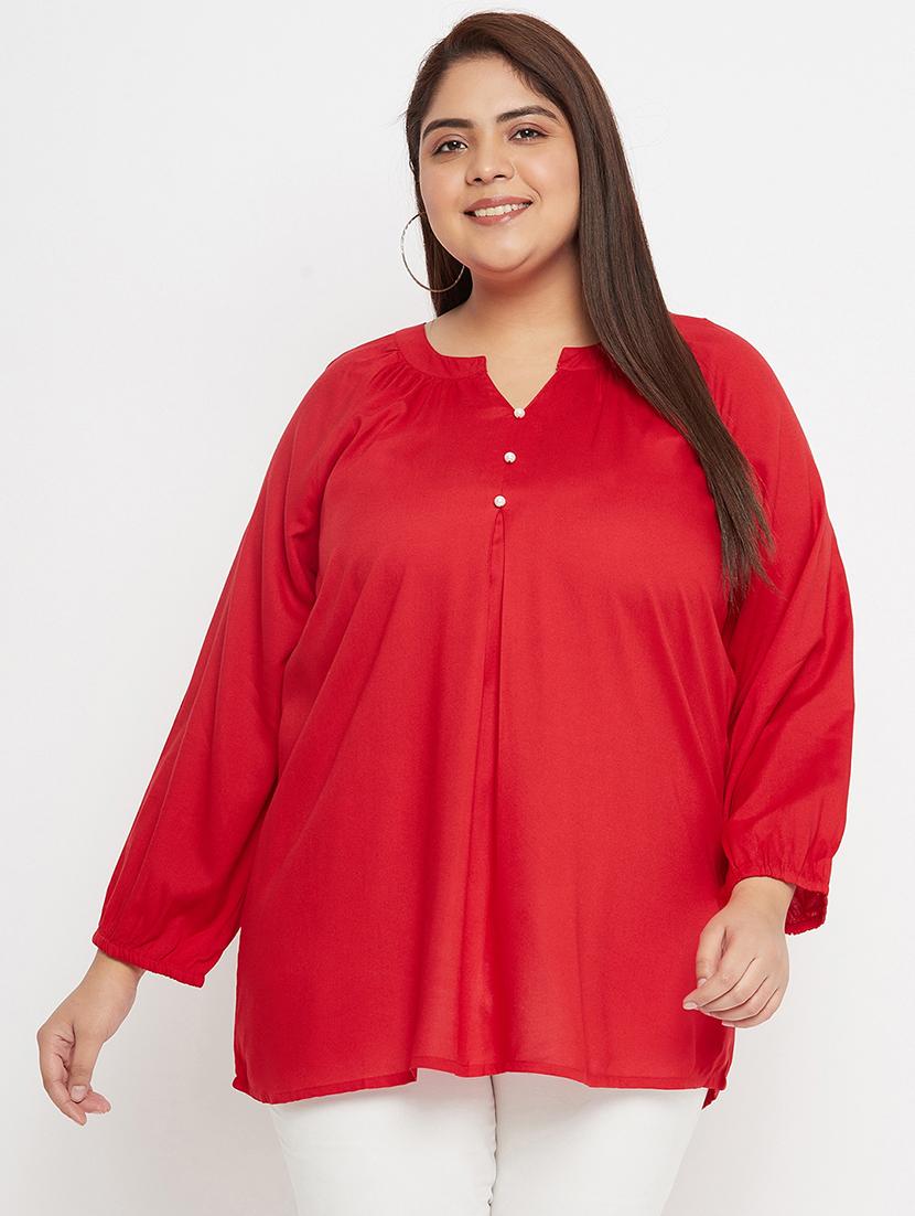 solid red detailed plus size top - 20850590 -  Zoom Image - 0