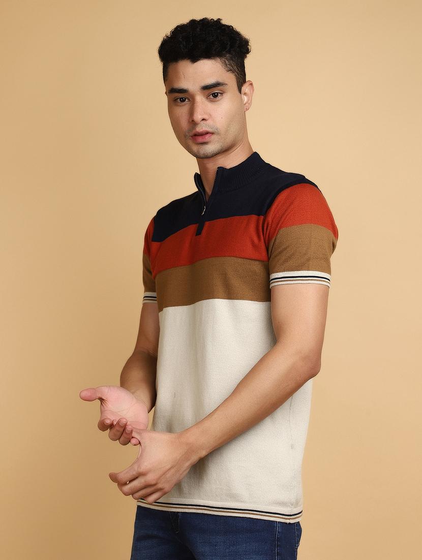men multi colored regular fit color block high neck t-shirt - 20852300 - Standard Image - 2
