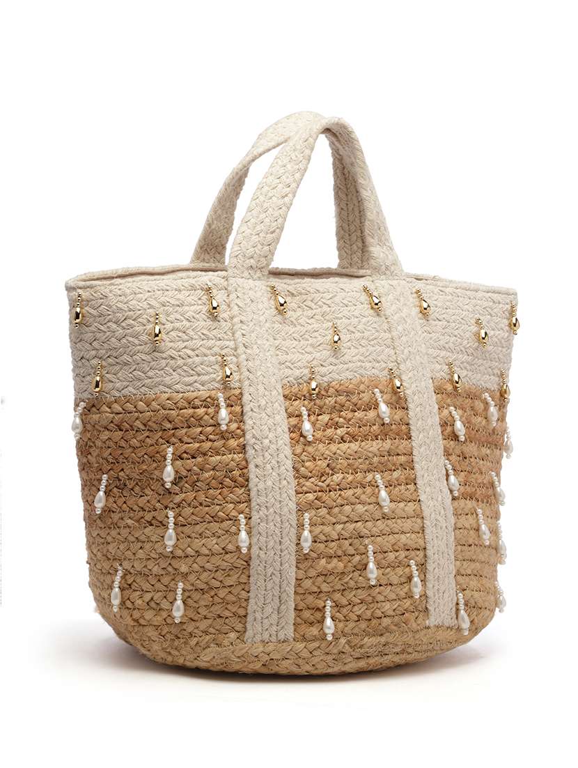 Beige Jute Embellished Handbag