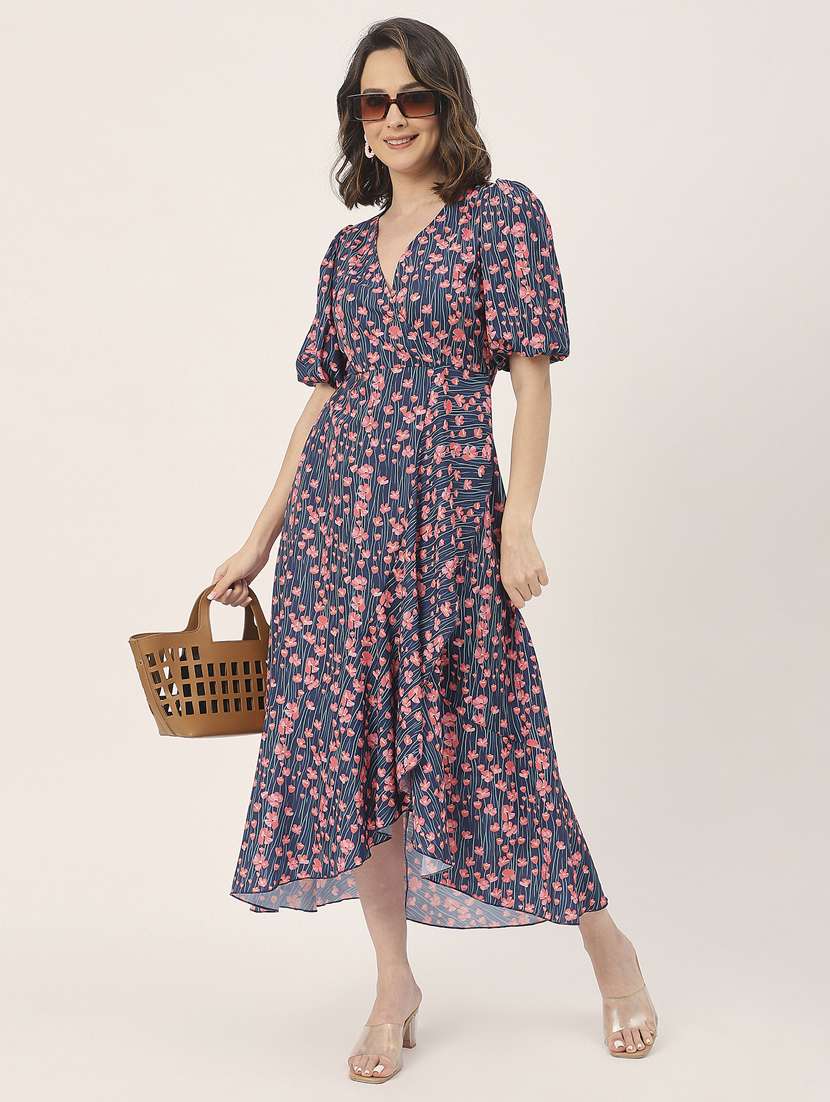 women navy blue floral printed fit & flare dress