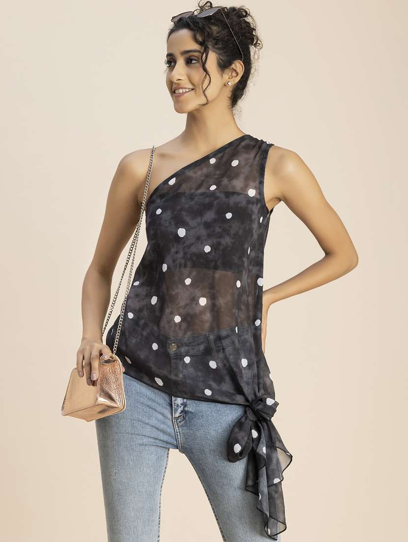 grey printed detailed asymmetric top