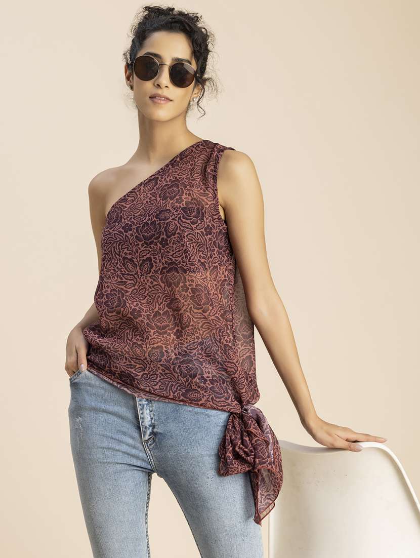 women peach floral printed asymmetric top