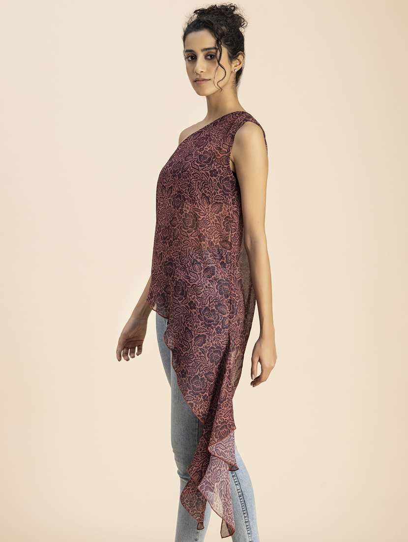 women peach floral printed asymmetric top - 20852434 -  Standard Image - 2